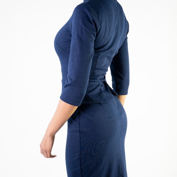 Navy Blue Neck Bow and Flare Dress - Picture 5 of 5